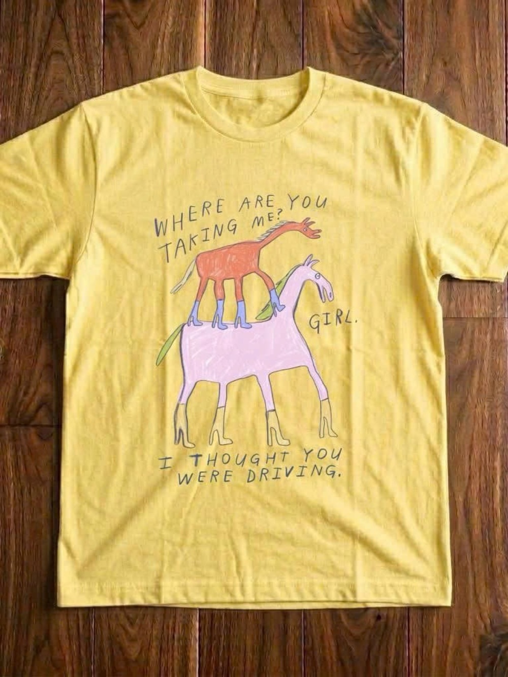 Gildan Yellow Graphic Tee with Stacked Animal Illustration